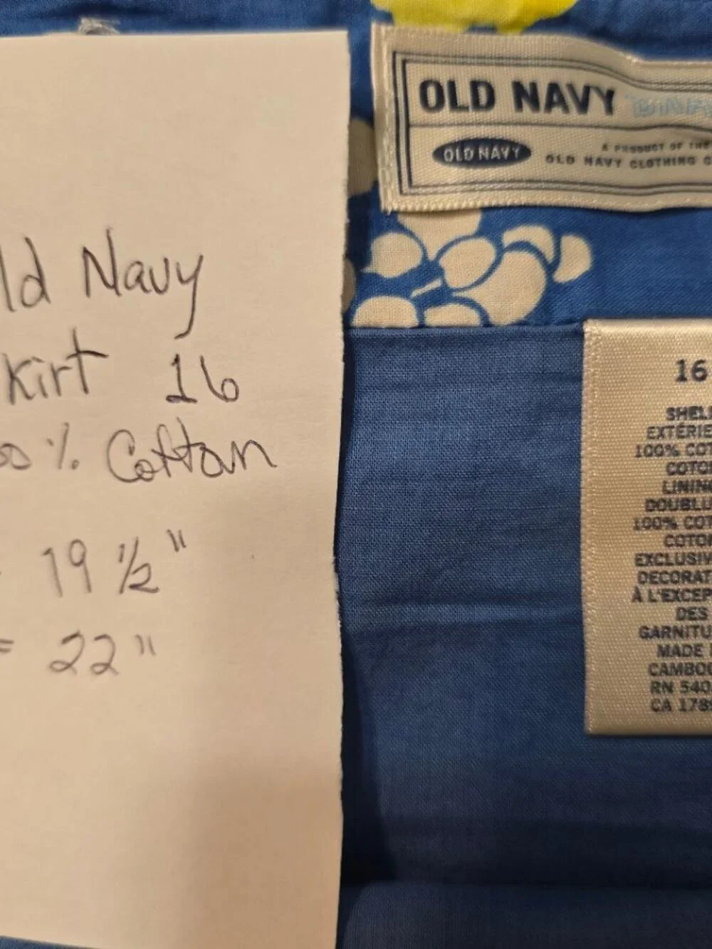 16 Old Navy Floral Knee Length Flare Lined Skirt 100% Cotton RoyalBlue WH Yellow